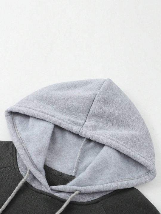 Men Colorblock Raglan Sleeve Drawstring Thermal Lined Hoodie