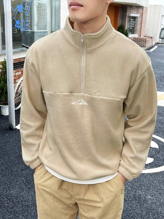 Manfinity Homme Men Mountain Embroidery Quarter Zipper Drop Shoulder Fleece Sweatshirt Without Tee