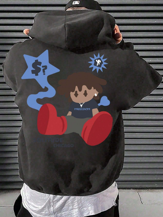 Men Cartoon & Slogan Graphic Hoodie