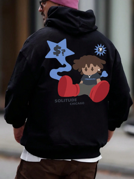 Men Slogan & Cartoon Graphic Kangaroo Pocket Drawstring Hoodie