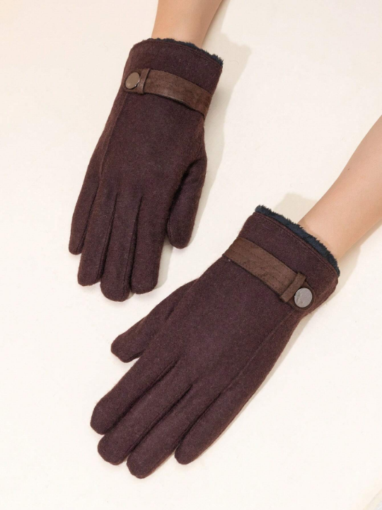 1 Pair Men's Coffee Color Wool Touch Screen Double-layered Velvet Warm Sports Cycling Gloves, Fingerless Gloves For Driving, Outdoor, Business And Daily Use