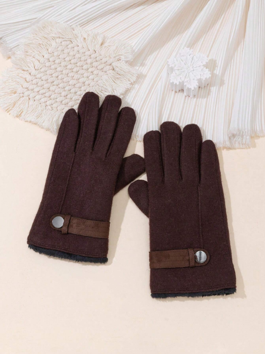 1 Pair Men's Coffee Color Wool Touch Screen Double-layered Velvet Warm Sports Cycling Gloves, Fingerless Gloves For Driving, Outdoor, Business And Daily Use