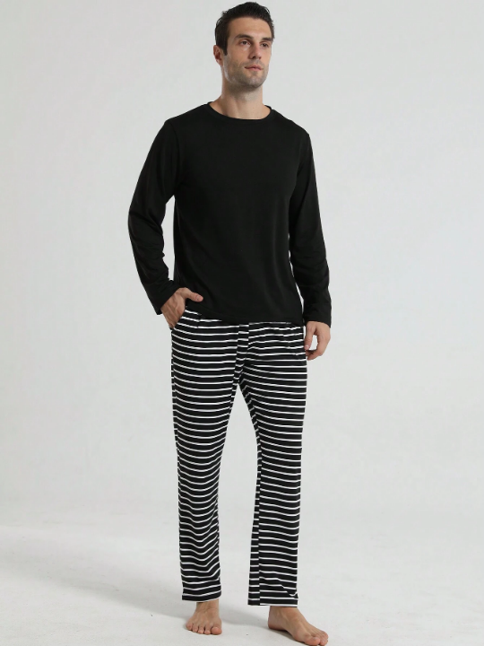 Men's Long Sleeve T-shirt Top & Casual Elastic Stripe Pants Set For Home, 2pcs