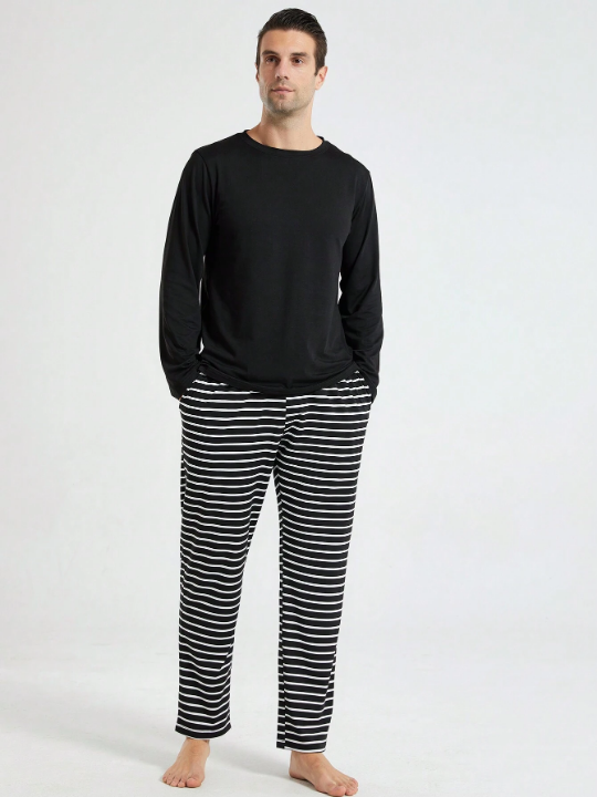 Men's Long Sleeve T-shirt Top & Casual Elastic Stripe Pants Set For Home, 2pcs