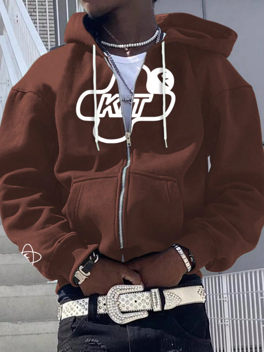 Manfinity Loose Fit Men's Letter Graphic Zip Up Hoodie With Drawstring And Thermal Lining