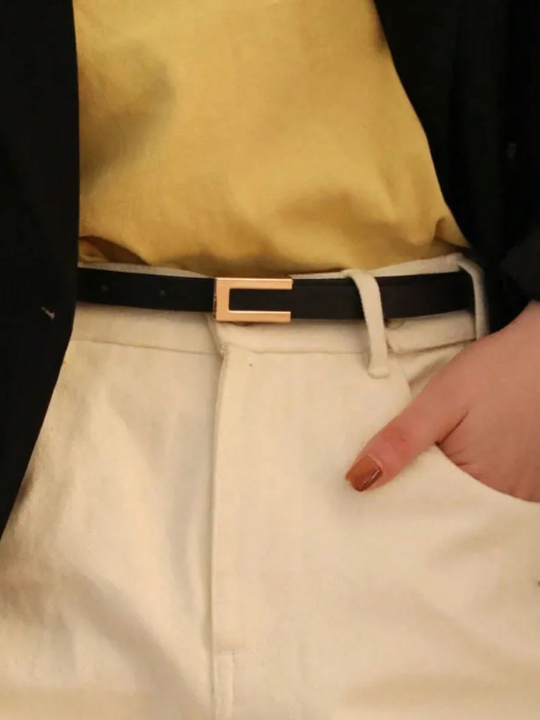 1pc Women's Thin Belt With Gold Buckle Suitable For Daily Wear
