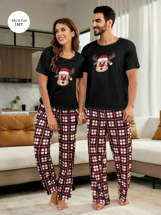 1pc Christmas Print Tee & 1pc Plaid Print Pants Lounge Set