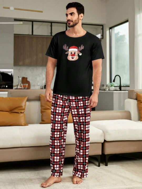 1pc Christmas Print Tee & 1pc Plaid Print Pants Lounge Set
