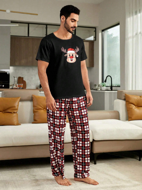 1pc Christmas Print Tee & 1pc Plaid Print Pants Lounge Set