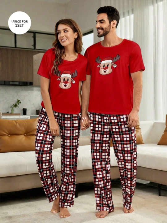1pc Christmas Print Sleep Tee & 1pc Plaid Sleep Pants