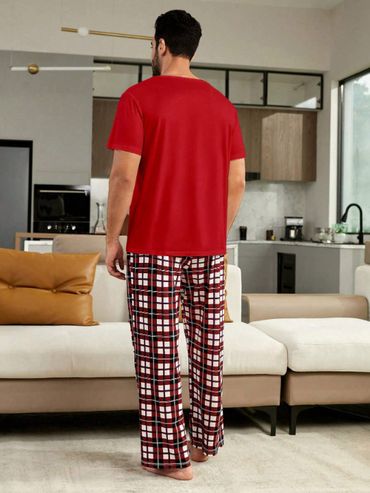 1pc Christmas Print Sleep Tee & 1pc Plaid Sleep Pants