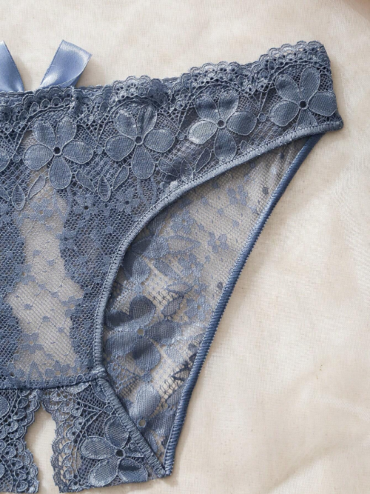 Floral Lace Bow Back Open Crotch Panty