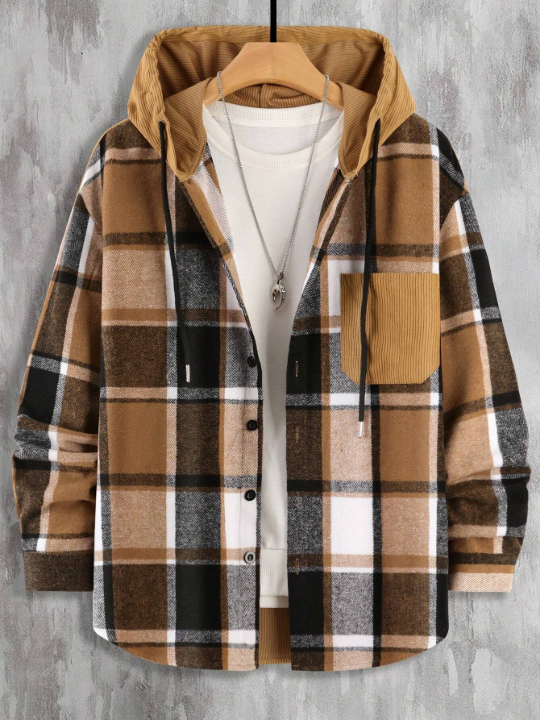 Manfinity Homme Loose-Fit Men's Plaid Print Drawstring Hooded Overcoat With Pocket Detail And Patchwork Decoration, Without T-Shirt