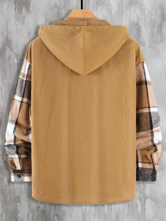 Manfinity Homme Loose-Fit Men's Plaid Print Drawstring Hooded Overcoat With Pocket Detail And Patchwork Decoration, Without T-Shirt