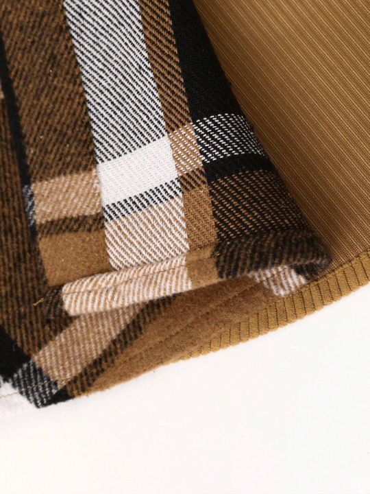 Manfinity Homme Loose-Fit Men's Plaid Print Drawstring Hooded Overcoat With Pocket Detail And Patchwork Decoration, Without T-Shirt