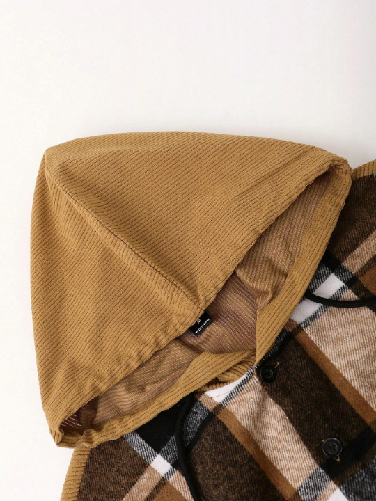 Manfinity Homme Loose-Fit Men's Plaid Print Drawstring Hooded Overcoat With Pocket Detail And Patchwork Decoration, Without T-Shirt