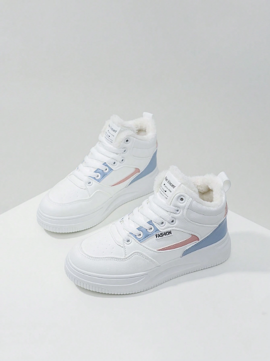 Winter Women High Top Flat Shoes Ladies Sneakers Fashionable Casual White Shoes With Anti-Skid & Wear-Resistant Function Warm And Fleece