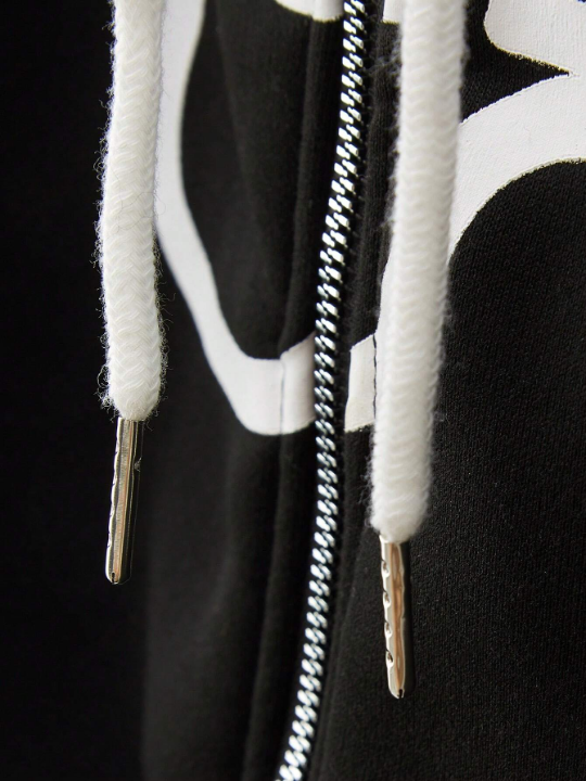 Manfinity 1pc Loose Men's Graphic Print Zipper Closure Drawstring Thermal Lined Hoodie