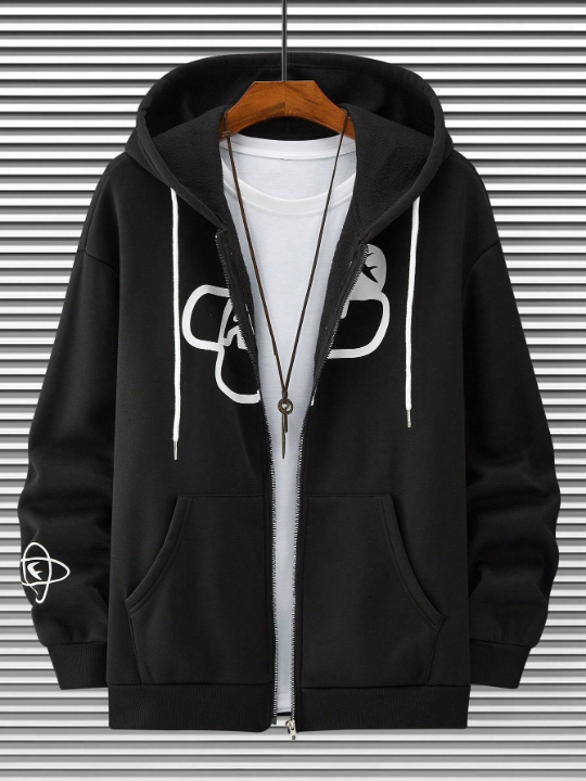 Manfinity 1pc Loose Men's Graphic Print Zipper Closure Drawstring Thermal Lined Hoodie