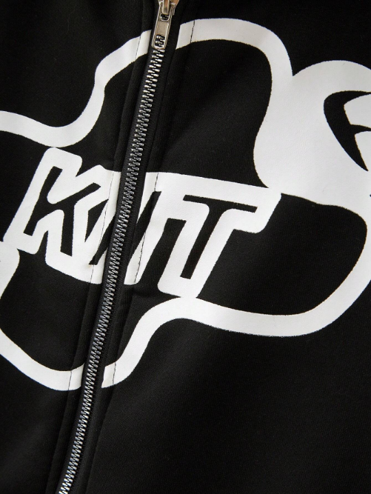 Manfinity 1pc Loose Men's Graphic Print Zipper Closure Drawstring Thermal Lined Hoodie