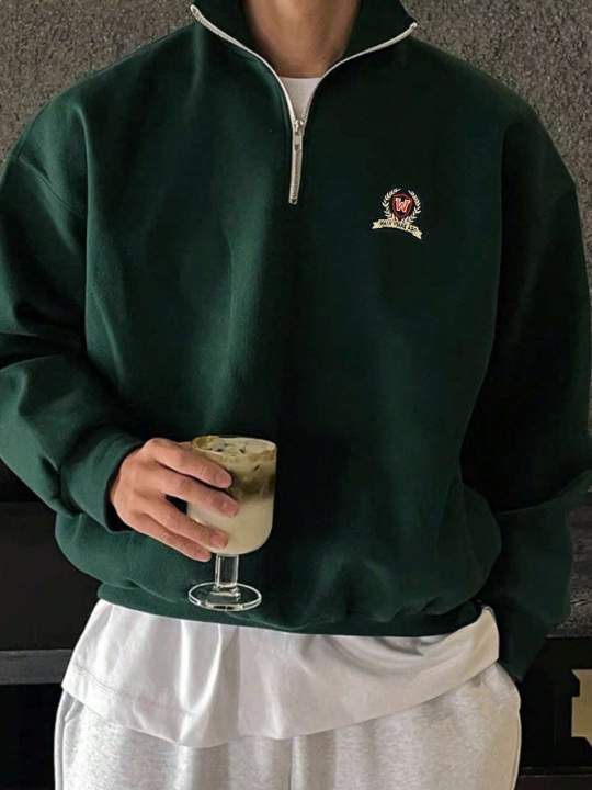 Manfinity Hypemode Men Letter Embroidery Half Zip Drop Shoulder Sweatshirt