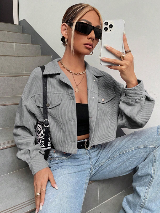 EZwear Flap Detail Drop Shoulder Crop Corduroy Jacket