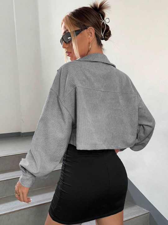 EZwear Flap Detail Drop Shoulder Crop Corduroy Jacket