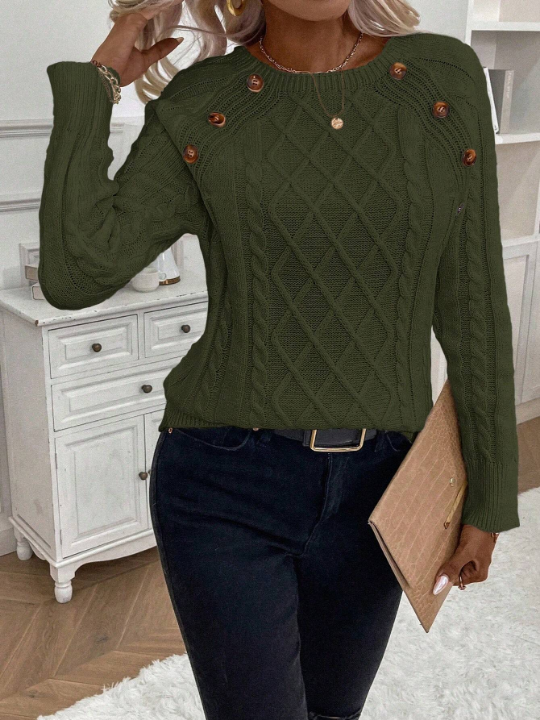 LUNE Cable Knit Raglan Sleeve Button Detail Sweater