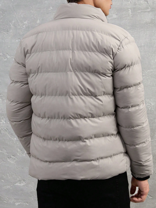 Men Letter Patched Detail Flap Pocket Puffer Coat