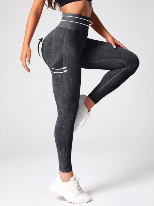 Yoga Basic Acid Wash Yoga Tights Seamless High Stretch Tummy Control Gym Leggings