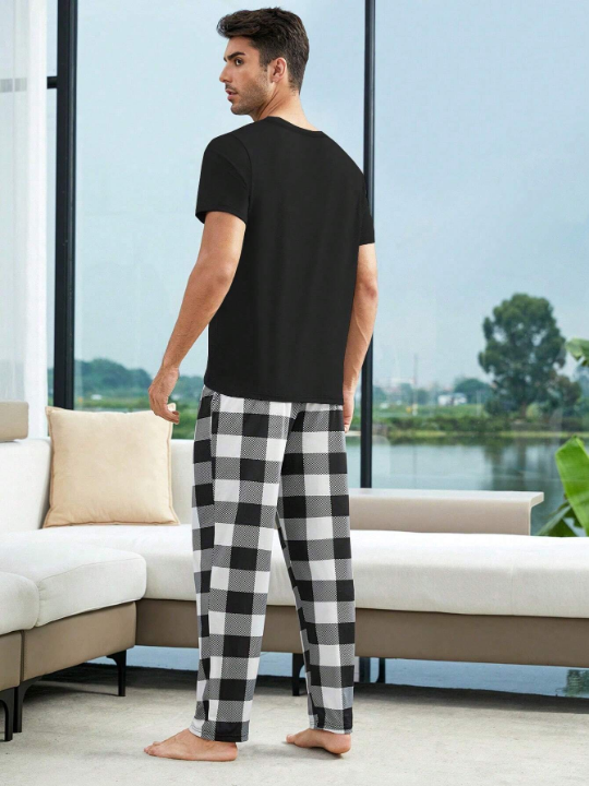 Plaid Top With Pouch Pocket And Plaid Pants Set