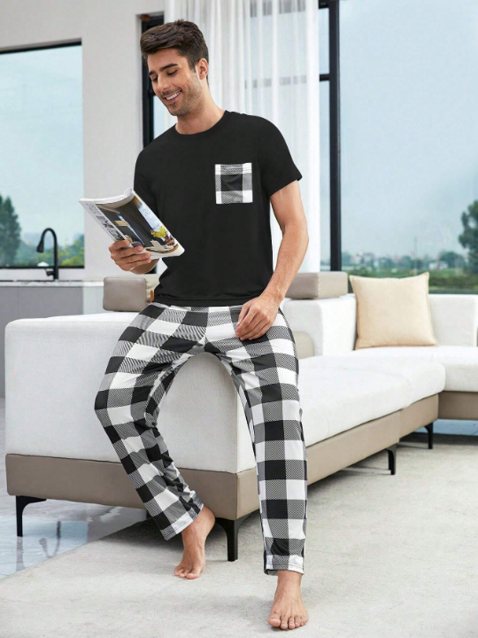 Plaid Top With Pouch Pocket And Plaid Pants Set