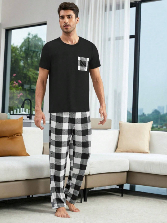 Plaid Top With Pouch Pocket And Plaid Pants Set