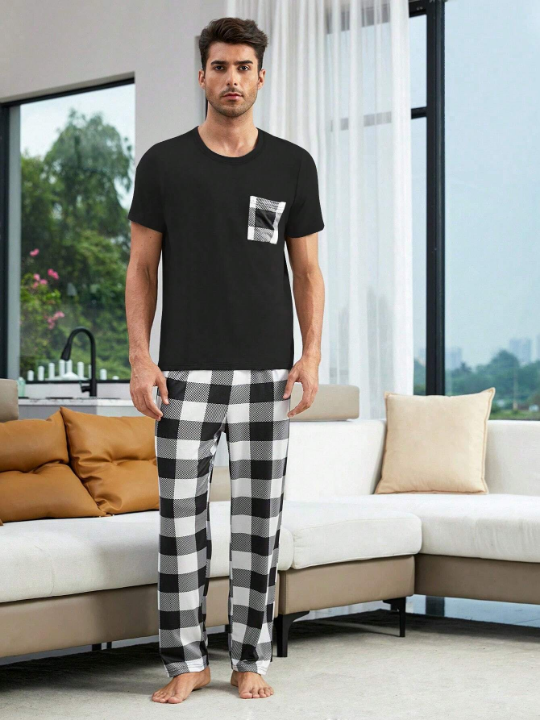 Plaid Top With Pouch Pocket And Plaid Pants Set