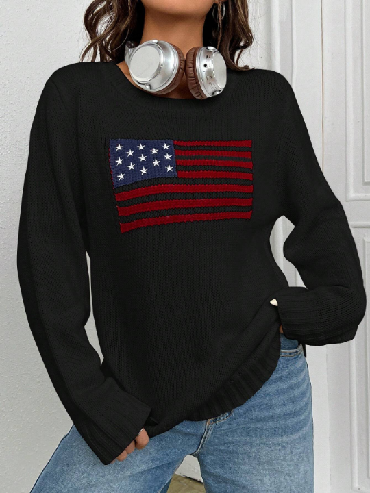 EZwear American Flag Pattern Drop Shoulder Sweater