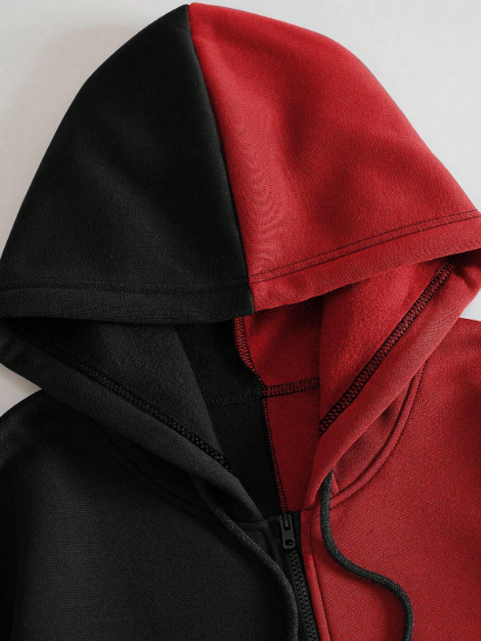 ROMWE Grunge Punk Men Two Tone Cartoon Graphic Zip Up Drawstring Thermal Lined Hoodie