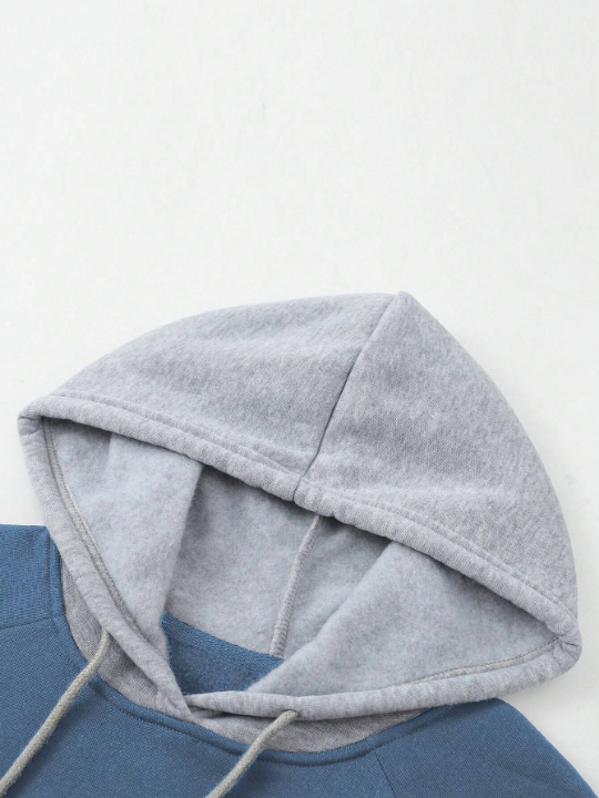 Men Colorblock Raglan Sleeve Drawstring Thermal Lined Hoodie