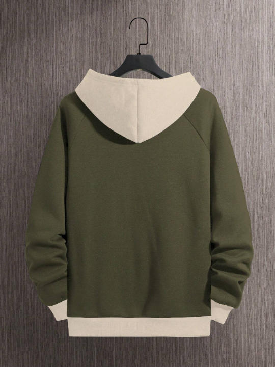 Men Colorblock Raglan Sleeve Drawstring Thermal Lined Hoodie