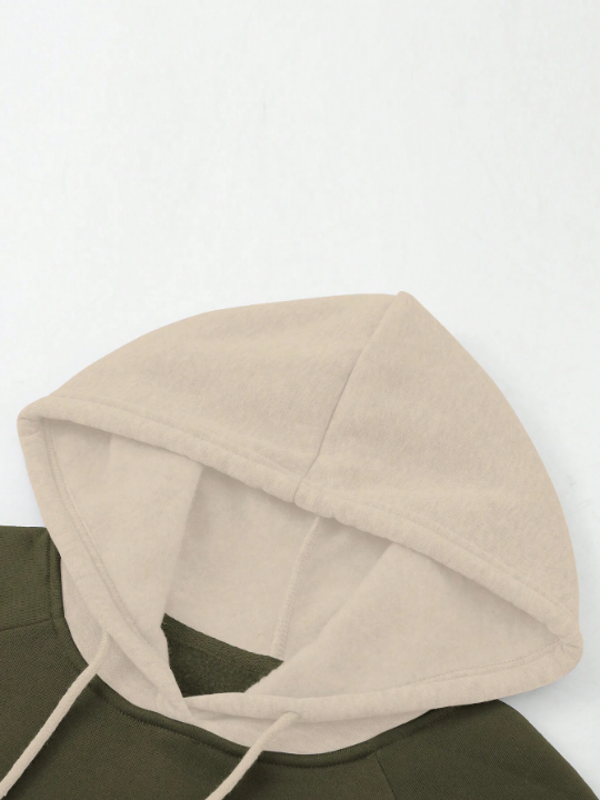 Men Colorblock Raglan Sleeve Drawstring Thermal Lined Hoodie