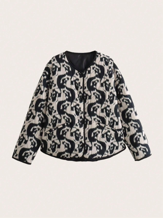 Allover Print Contrast Binding Winter Coat