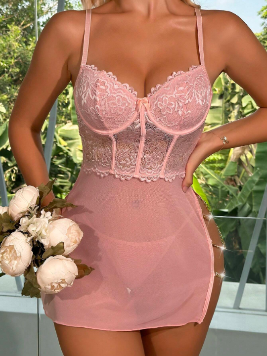 Contrast Lace Chain Detail Mesh Slips With Thong