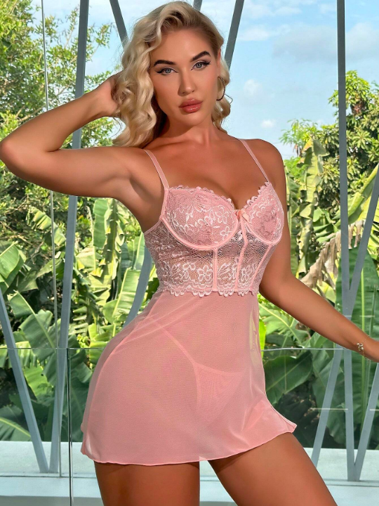 Contrast Lace Chain Detail Mesh Slips With Thong
