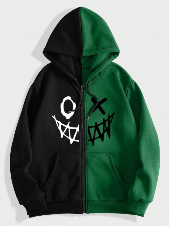 ROMWE Street Life Men Two Tone Cartoon Graphic Zip Up Thermal Lined Hoodie