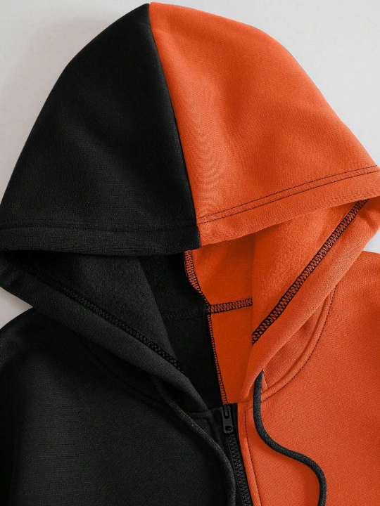 ROMWE Street Life Men Expression Print Two Tone Zip Up Thermal Lined Hoodie