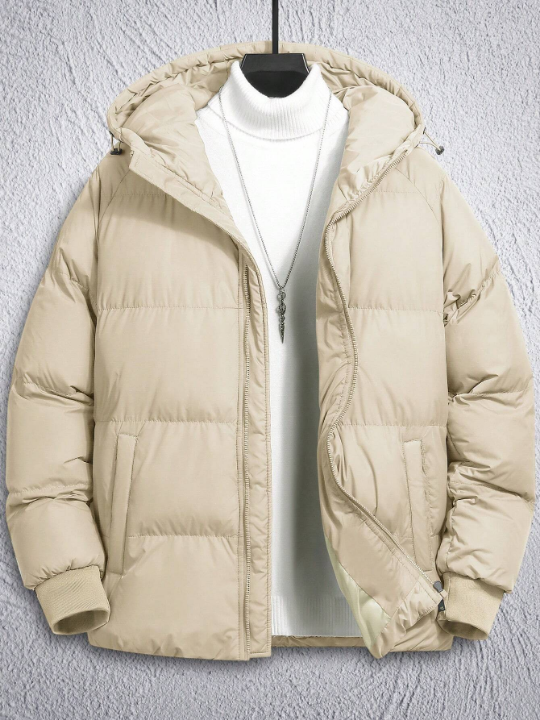 Manfinity Homme Men's Loose Fit Drawstring Hooded Zipper Puffer Coat Without Inner Sweater