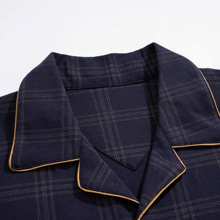 Men's Plaid & Printed Contrasting Color Hem Top And Pants Homewear Set For Autumn And Winter