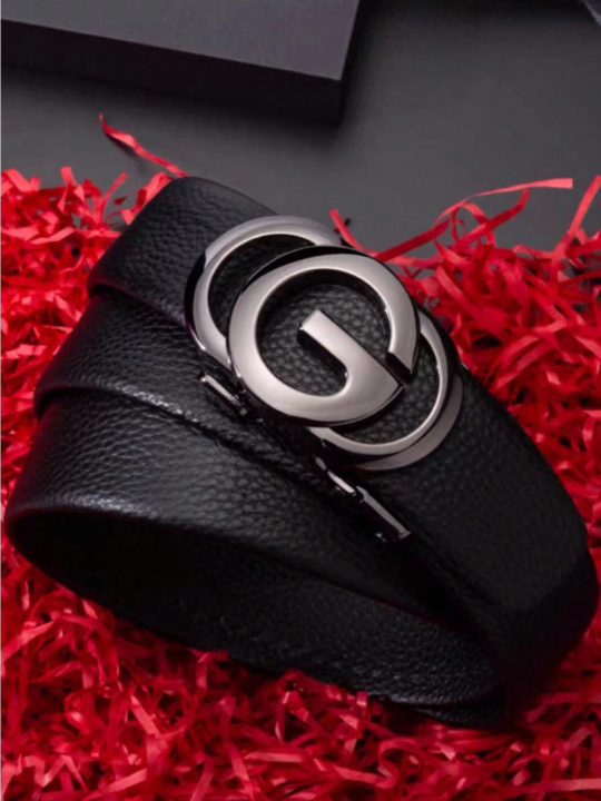 1pc Black Belt With Gold Buckle Suitable For Daily Business Wear,Men's Automatic Buckle Belt, Fashion Casual Business Style Youth Belt, With Jeans And Trousers To Use