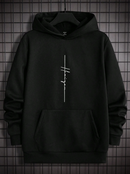 Manfinity Homme Men's Letter Print Kangaroo Pocket Hooded Sweater