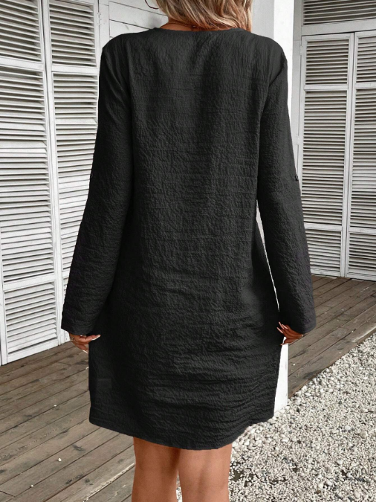 LUNE Roll Tab Sleeve Zip Half Placket Tunic Dress