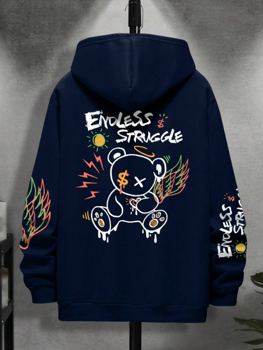 Men Bear & Letter Graphic Drop Shoulder Hoodie